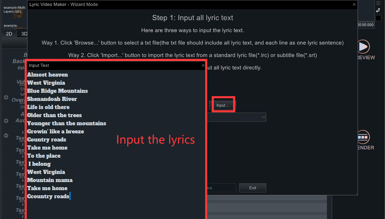 Input the lyrics