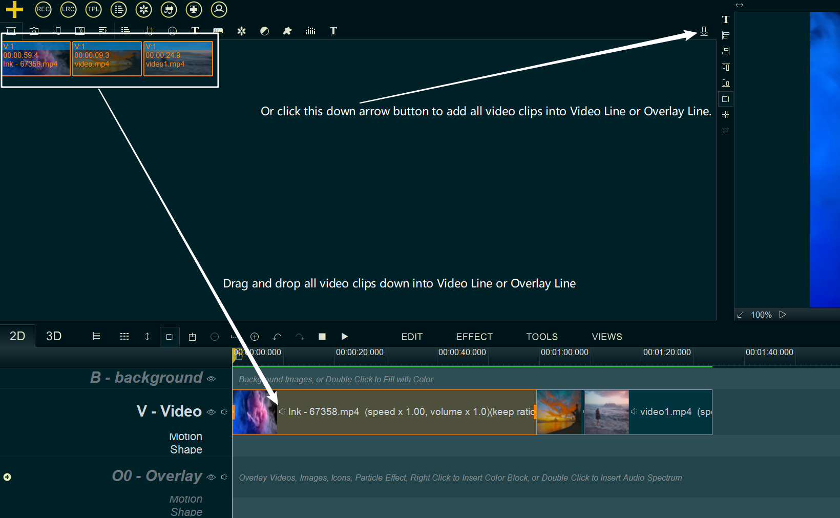 drag and drop all video clips into Video Line