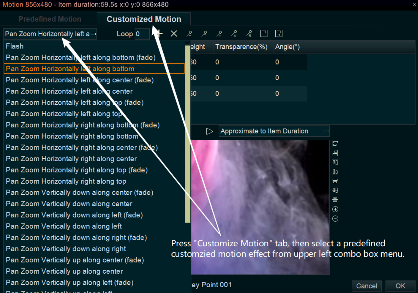 select a predefined customized motion effect